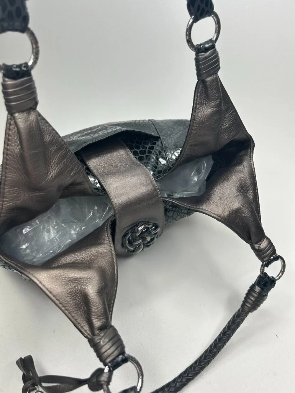 BRIGHTON Black Patent Snakeskin Embossed Leather Women's Hobo Shoulder Bag